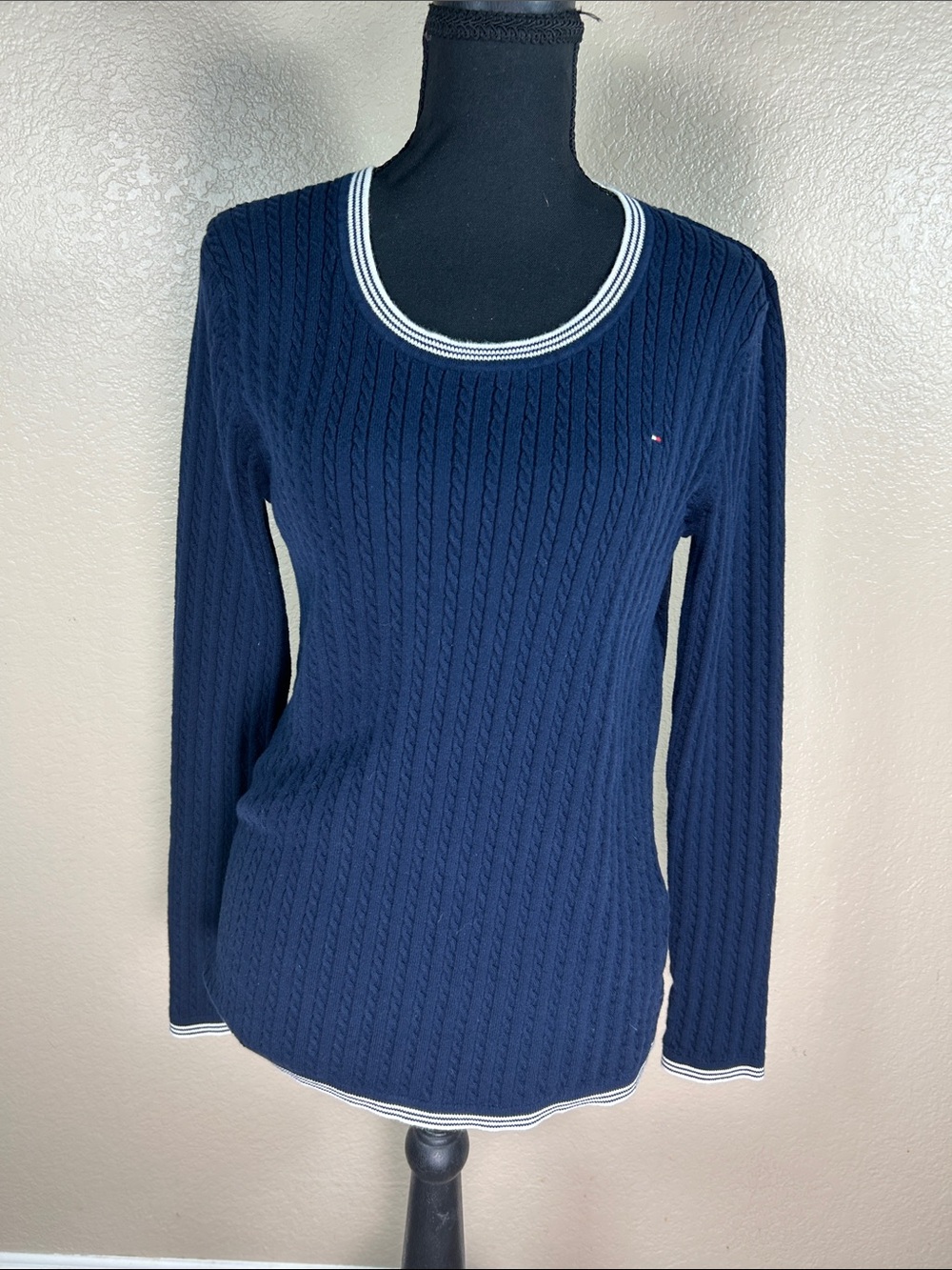 Tommy Hilfiger Navy Scoop-Neck Cable Knit Sweater with White Trim